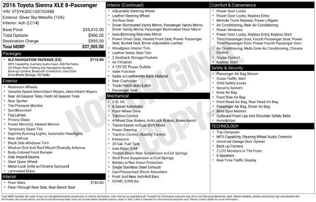 2016 Toyota Sienna XLE 8 Passenger